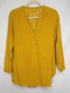 Old Navy Women’s M Mustard Yellow Polka Dot Henley Blouse Farmhouse Fall Cottage